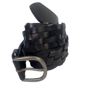 J Jill Black Woven Leather Belt Womens M L Wide Buckle Casual Boho Chic